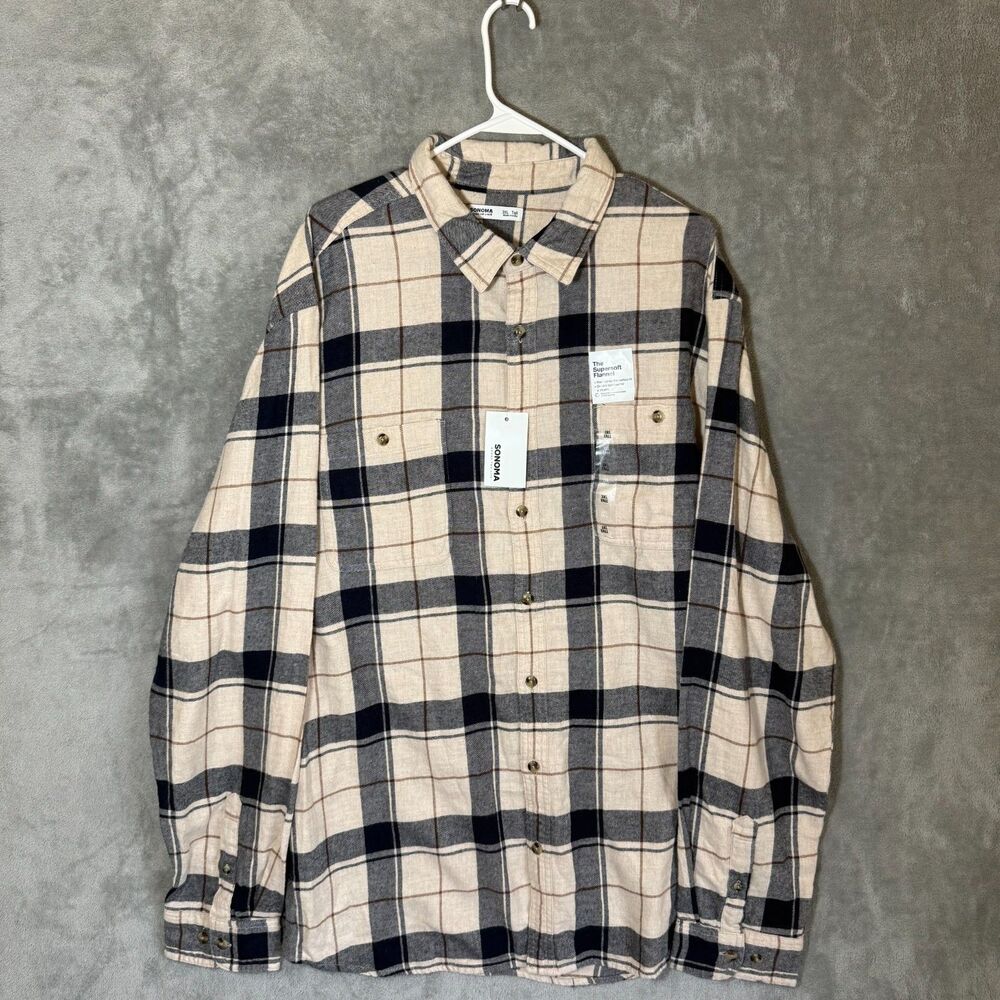 NWT Sonoma Men's 3XLT Tall Supersoft Flannel Shirt Beige Plaid Long Sleeve
